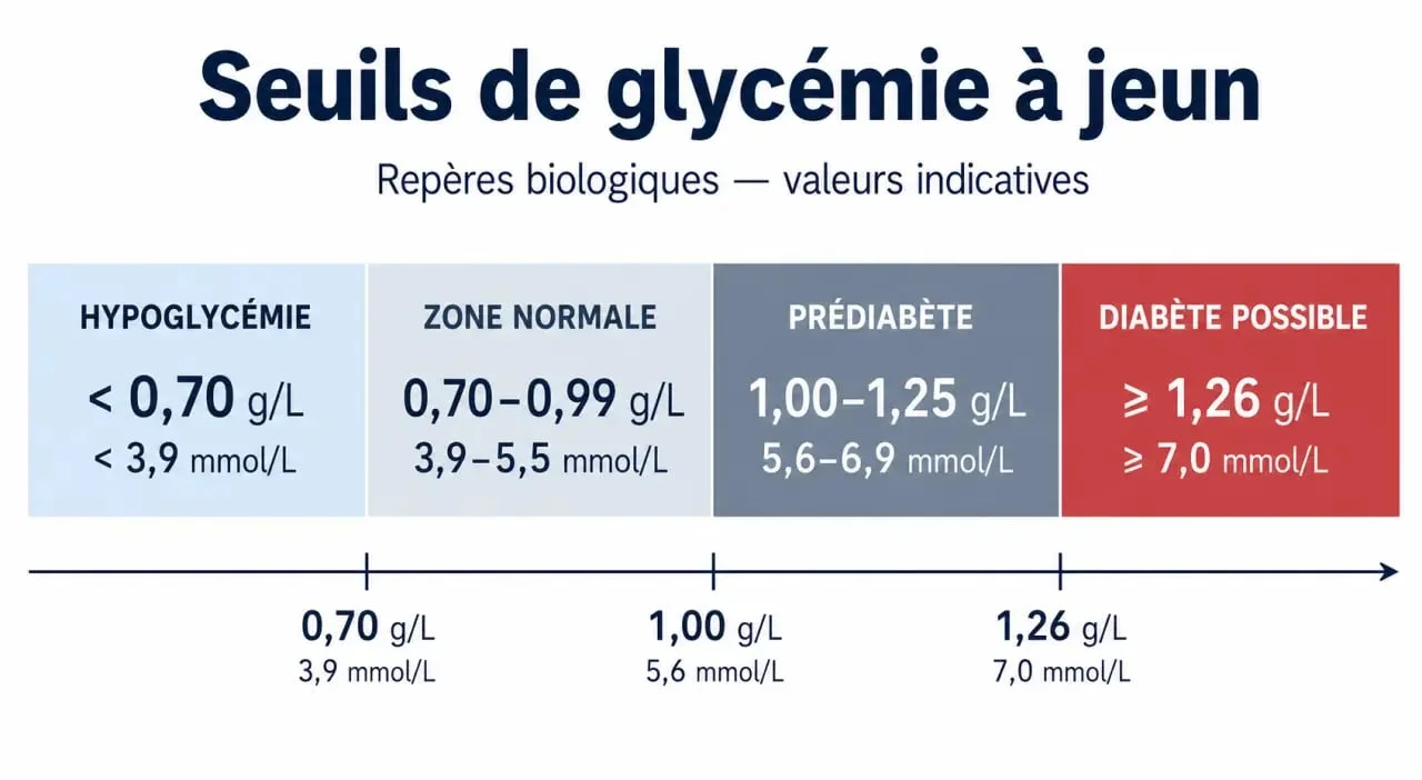 Glycémie à jeun interprétation des seuils en g/L et mmol/L