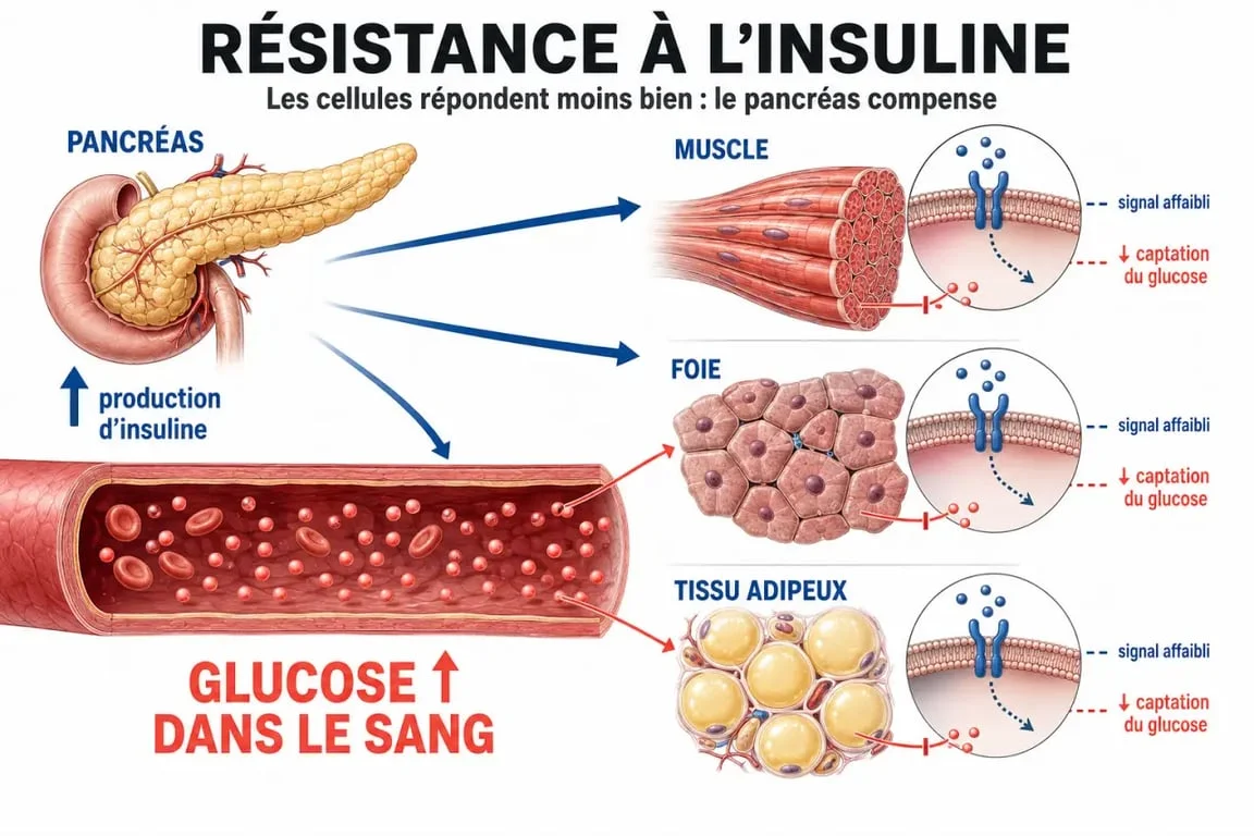 Schéma de la résistance à l’insuline montrant le pancréas, l’insuline et les cellules cibles