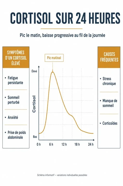 Cortisol élevé : symptômes et causes avec schéma du rythme circadien et des principaux signes