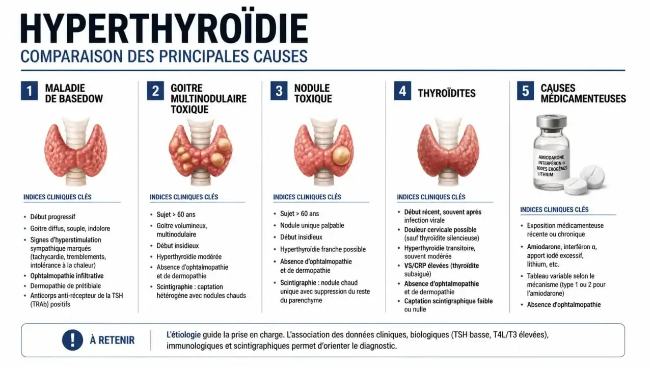 Comparatif des causes possibles pour hyperthyroidie analyse : Basedow, nodules toxiques, thyroïdite et médicaments