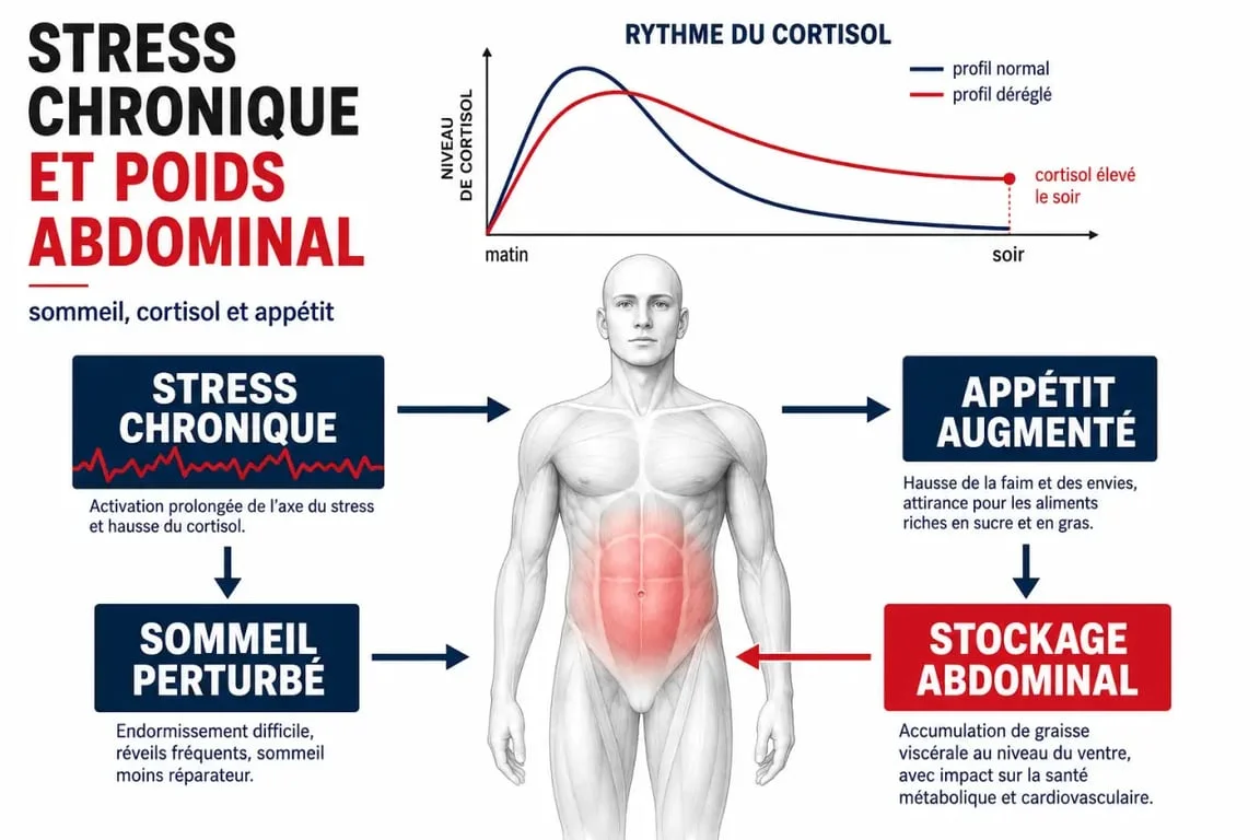 Cortisol et prise de poids : le lien réel illustré par un schéma du stress, du sommeil et du ventre