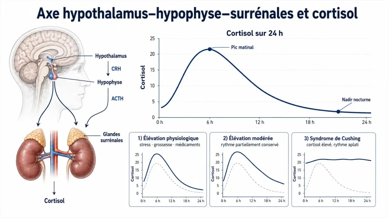 Cortisol élevé cause : schéma comparatif des causes physiologiques, de l’élévation modérée et du syndrome de Cushing
