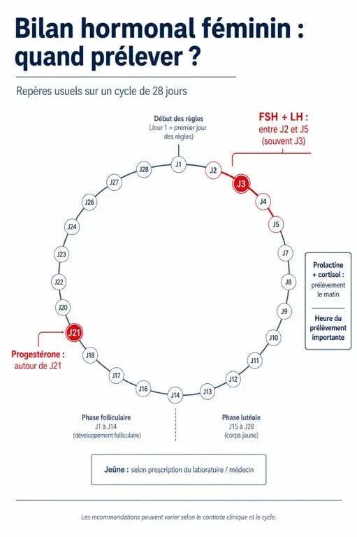 Bilan hormonal femme : schéma du cycle menstruel et des moments de dosage des hormones