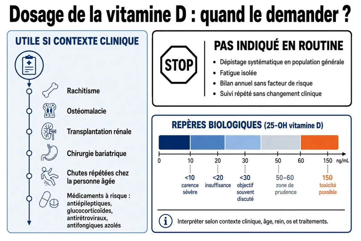 Dosage de la vitamine D : schéma des situations où le dosage est utile, des seuils biologiques et des cas où une supplémentation peut se faire sans dosage