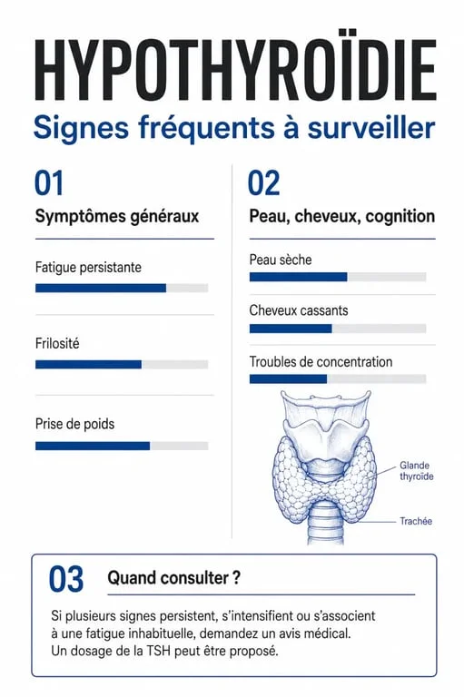 Hypothyroïdie symptômes : visuel des signes fréquents et du moment où consulter