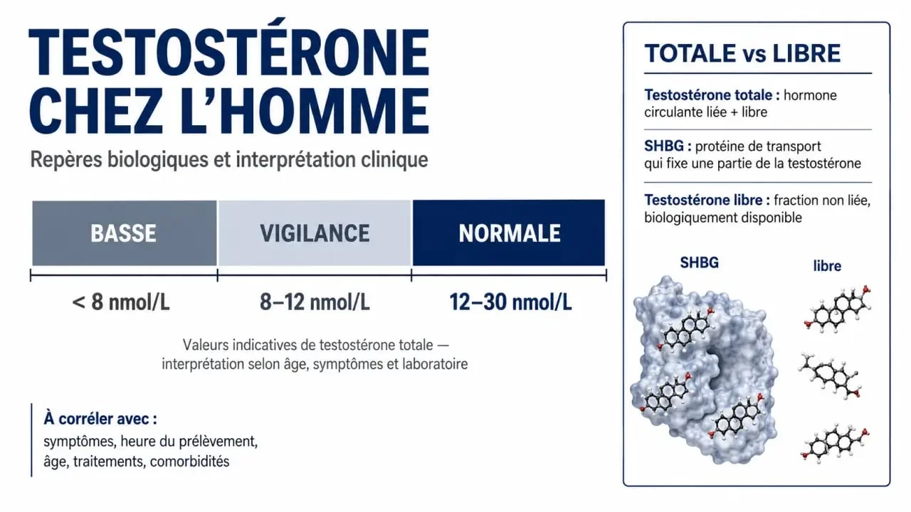 Infographie sur le taux de testostérone chez l'homme : repères normaux, seuils de vigilance et différence entre testostérone totale et libre