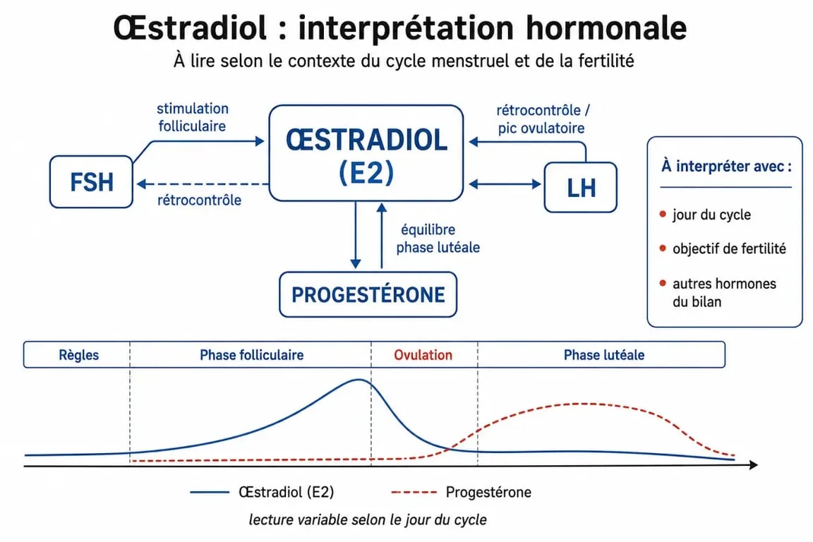 Prise de sang d’oestradiol : schéma des liens avec FSH, LH et progestérone