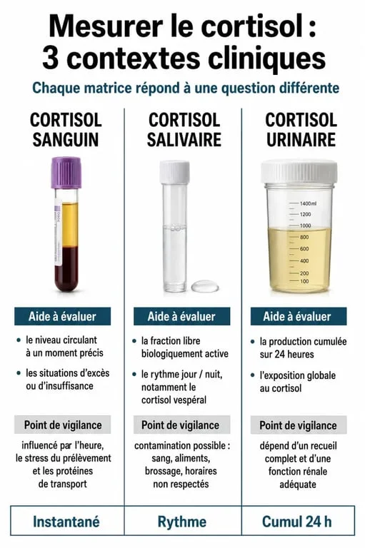 Comparatif du taux de cortisol sanguin, salivaire et urinaire