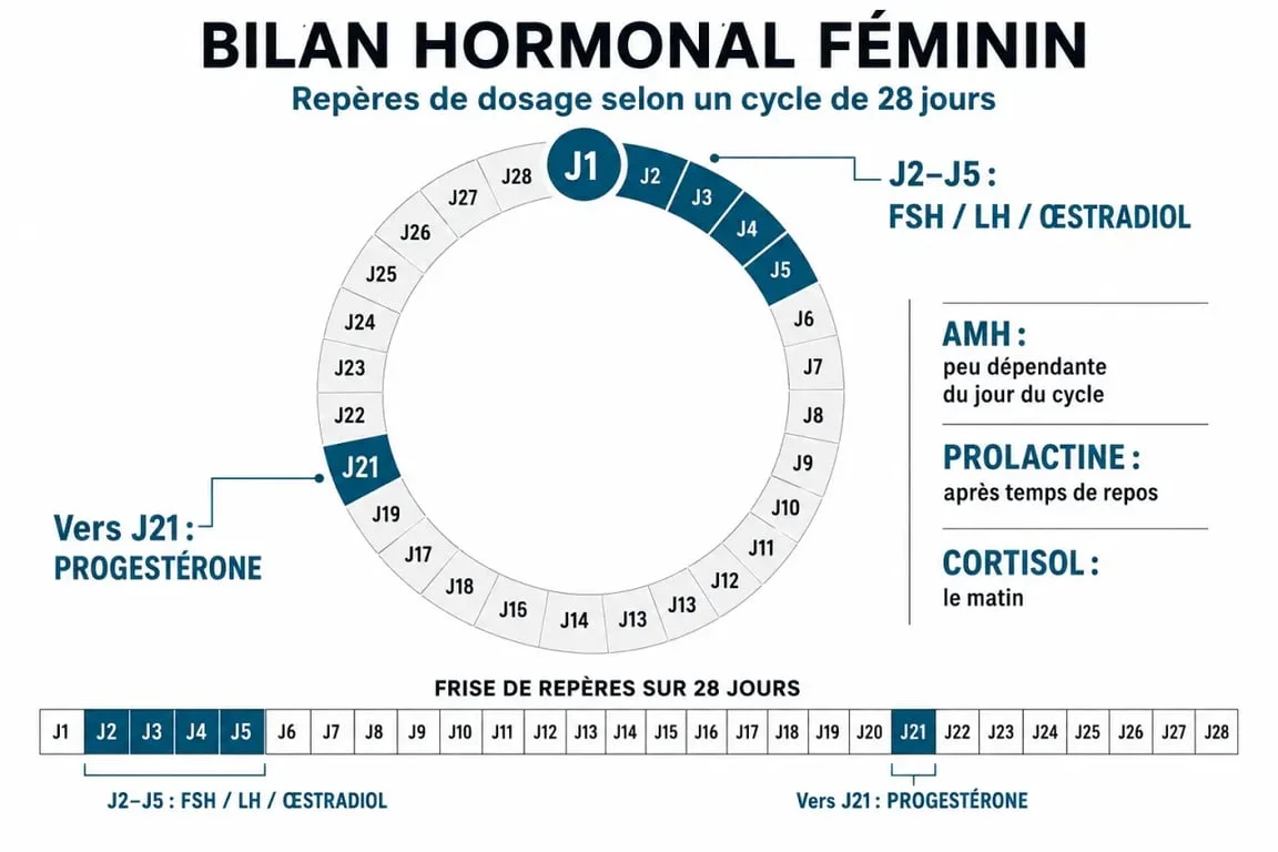 Bilan hormonal femme : cycle menstruel et moments de dosage des hormones