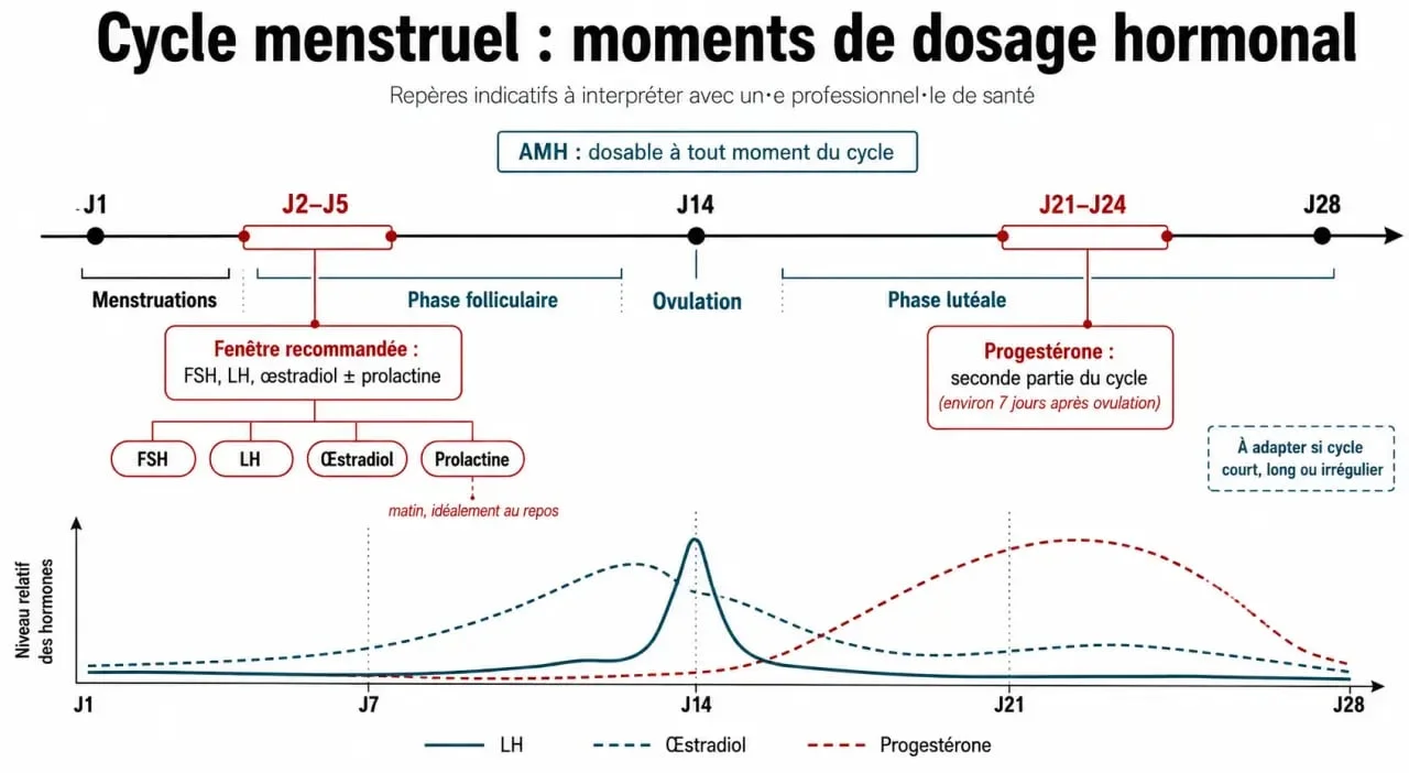 Demander un bilan hormonal complet : calendrier du cycle et moments de dosage des hormones clés