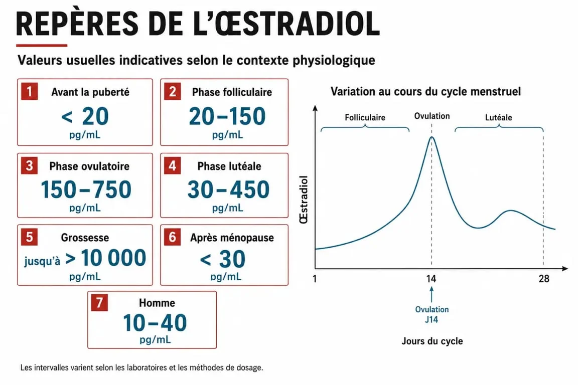 oestrogène taux normal : repères visuels des valeurs d’œstradiol selon le cycle, la grossesse et la ménopause
