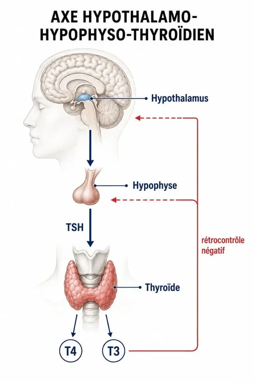 Schéma du tsh bilan sanguin montrant l’axe hypothalamo-hypophyso-thyroïdien et le rétrocontrôle hormonal