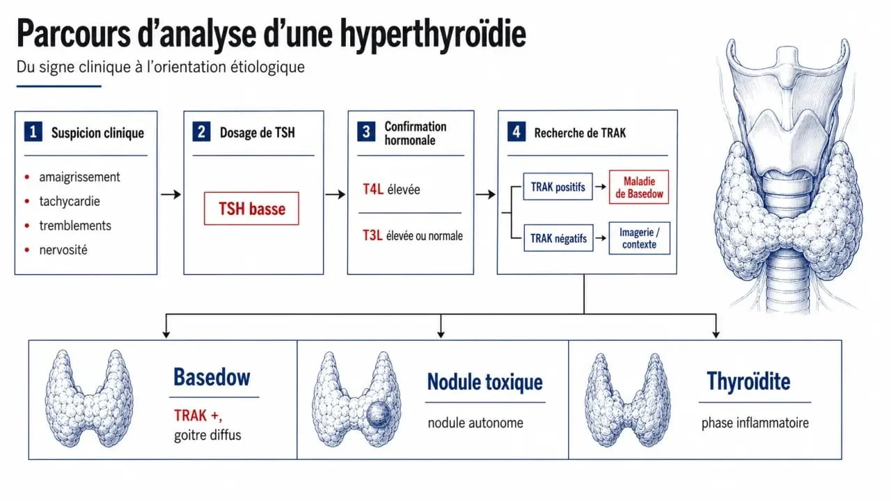 Schéma du parcours d’analyse pour hyperthyroidie analyse avec TSH, T4L, T3L et TRAK