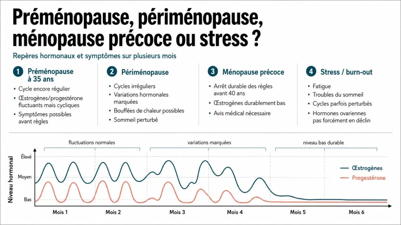 Préménopause à 35 ans : comparaison visuelle entre fluctuations hormonales, stress et ménopause précoce