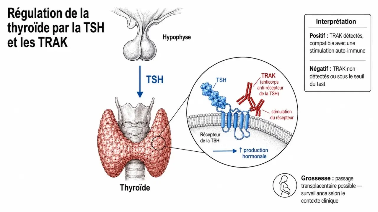 Schéma des anticorps anti-récepteurs de la TSH (TRAK) montrant la stimulation de la thyroïde et l’interprétation d’un résultat positif ou négatif