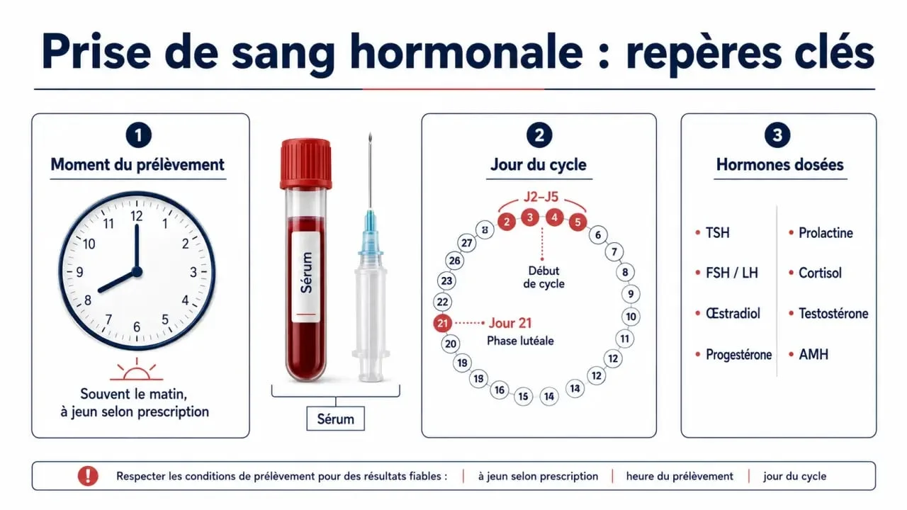 Prise de sang hormonale : schéma des hormones dosées et du bon moment du prélèvement