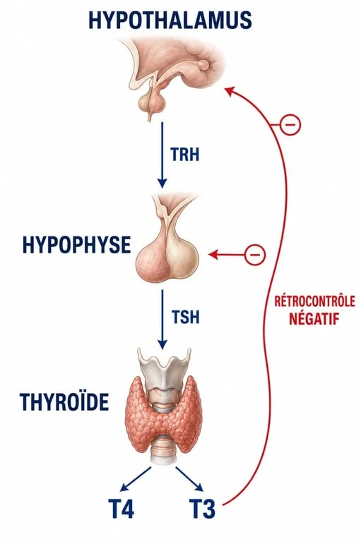 Analyse tsh : schéma du rétrocontrôle entre hypothalamus, hypophyse et thyroïde