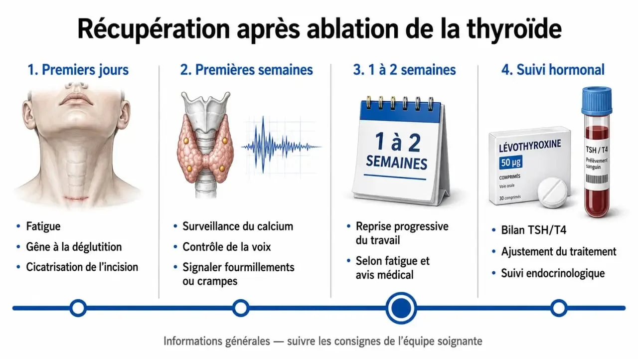 Ablation de la thyroide : consequences et suivi, frise de récupération et de suivi post-opératoire