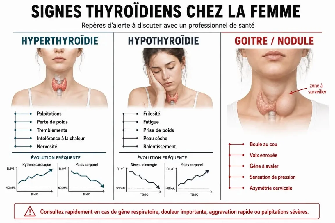 Thyroide chez la femme : les signes qui doivent alerter sous forme d’infographie comparative