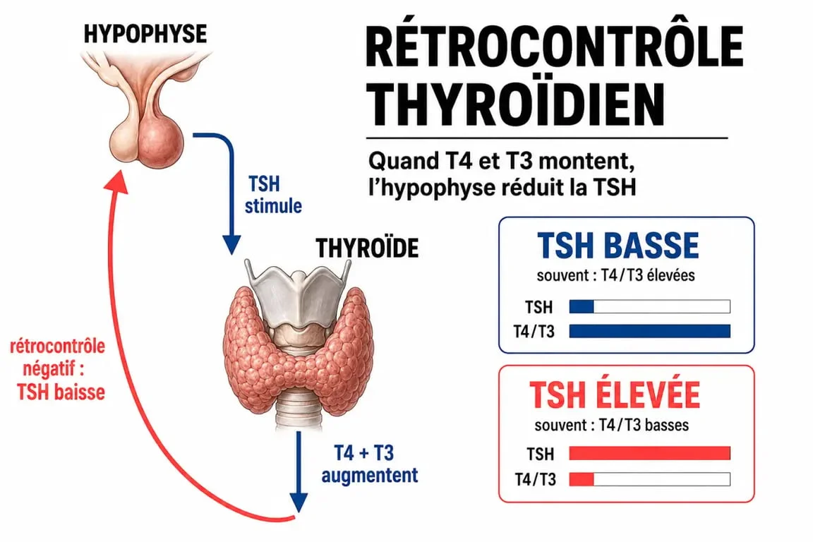 Schéma tsh thyroïde du rétrocontrôle hypophyse-thyroïde avec repères de TSH basse et élevée
