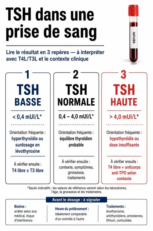 TSH prise de sang : tableau visuel des résultats basse, normale et haute