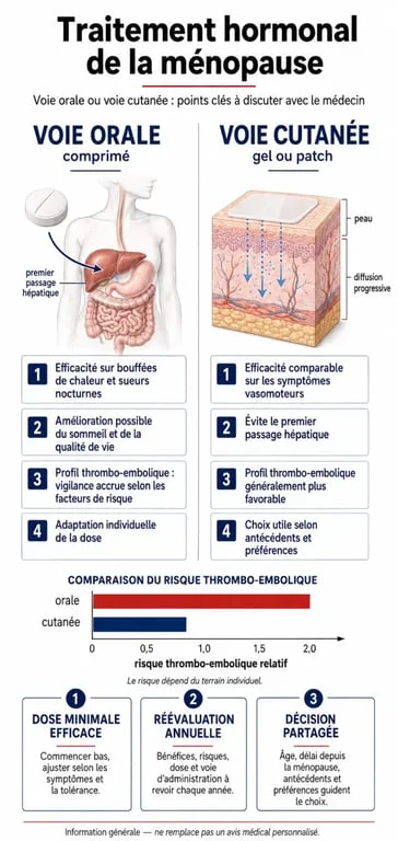 Hormones de la ménopause : comparaison des voies orale et cutanée du THM