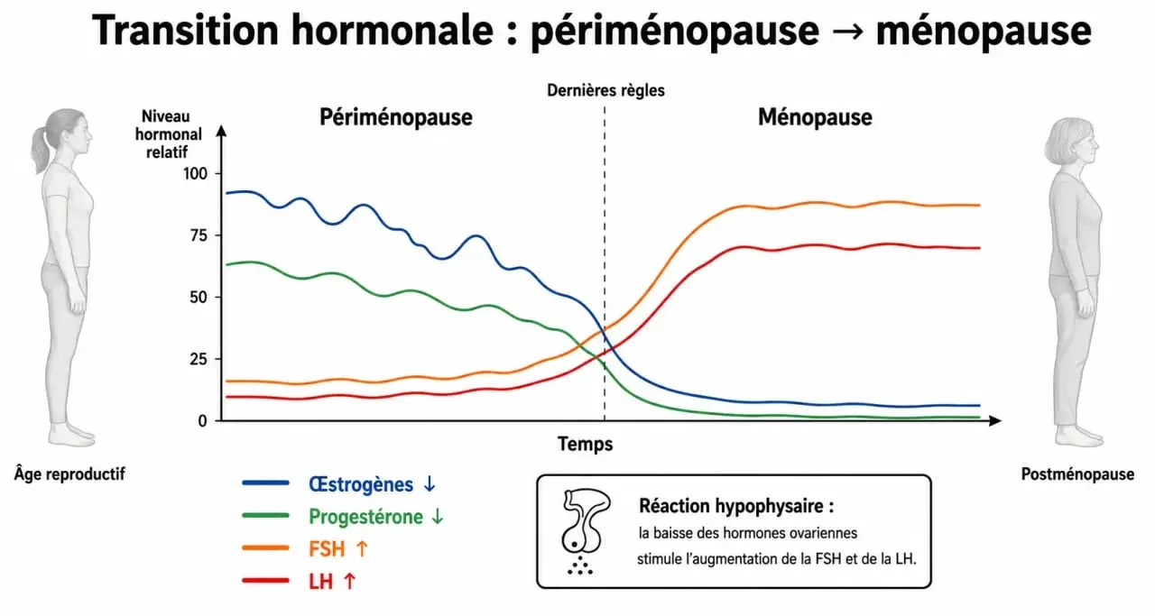 Hormones de la ménopause : schéma des variations d’œstrogènes, de progestérone, de FSH et de LH