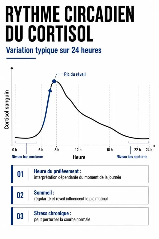Excès de cortisol : courbe du rythme circadien du cortisol avec pic matinal et baisse progressive sur 24 heures