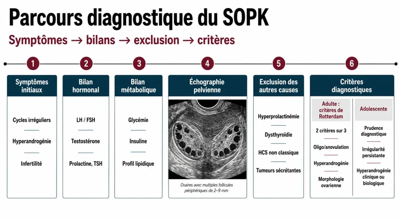 Syndrome des ovaires polykystiques bilan : schéma du parcours diagnostique du bilan SOPK avec examens hormonaux, métaboliques et échographie