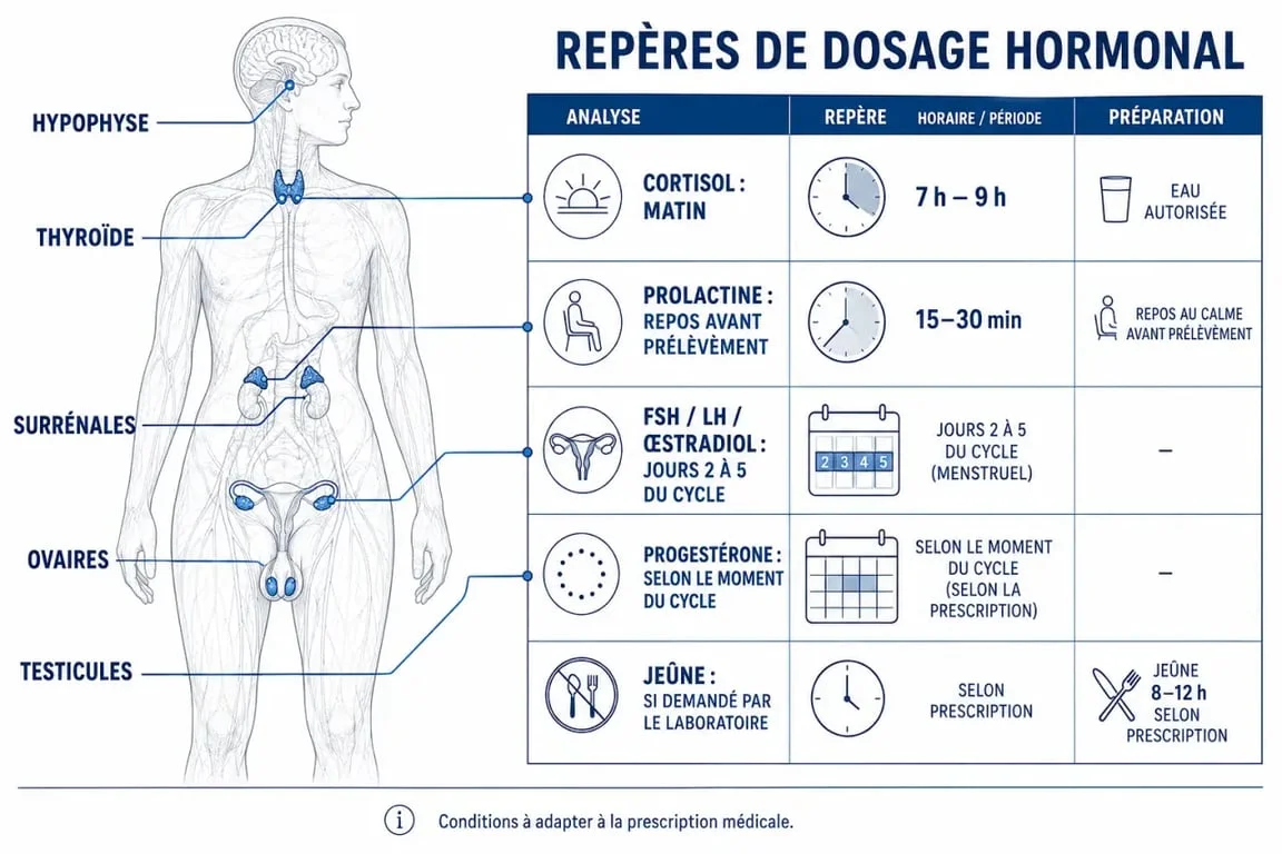 Bilan endocrinien : schéma des hormones et des conditions de prélèvement
