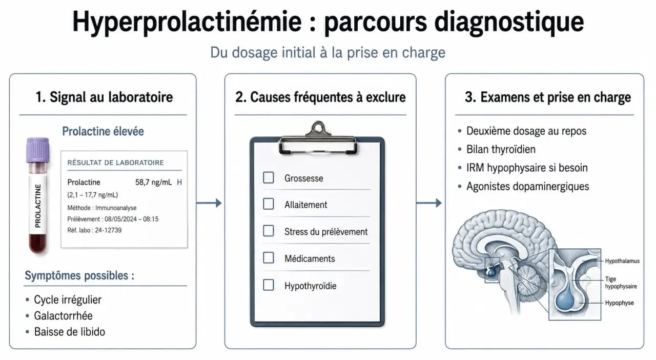 Infographie sur la prolactine élevée : causes, examens et traitement