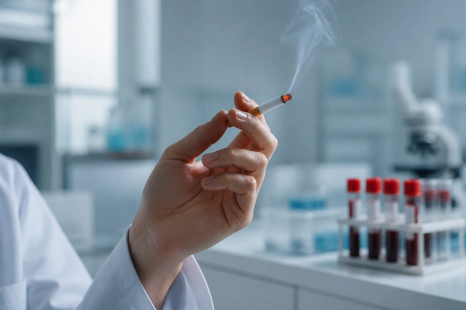 Main dans un laboratoire cigarette allumée